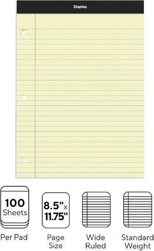 STAPLES Notepads, 8.5" x 11.75", Wide Ruled, Canary, 100 Sheets/Pad, 6 Pads/Pack (ST57349) in Saudi Arabia