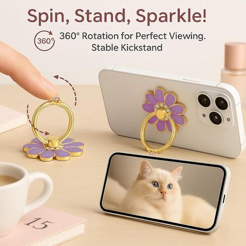 NXVX Daisy Phone Ring Holder – Nine-Petal White Flower Grip, 360° Rotating Finger Ring & Kickstand, Rhinestone Bling, Strong 3M Adhesive, Fits iPhone & Android in Saudi Arabia
