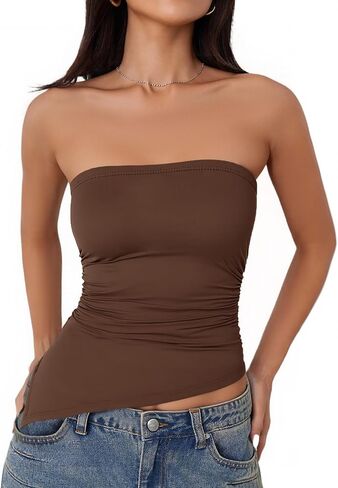 Tankaneo Womens Going Out Tube Top Asymmetrical Strapless Tops Ruched Bandeau Shirts Trendy Y2k Outfits in Saudi Arabia