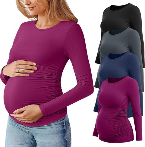 Huukaey 4 Pack Tomernity Thirts Thirts ، Side Side Longed Ruched Ruched Top Crew Neck Bodycon Dirtts Discal Mama in Saudi Arabia