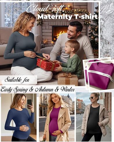 Huukaey 4 Pack Tomernity Thirts Thirts ، Side Side Longed Ruched Ruched Top Crew Neck Bodycon Dirtts Discal Mama in Saudi Arabia