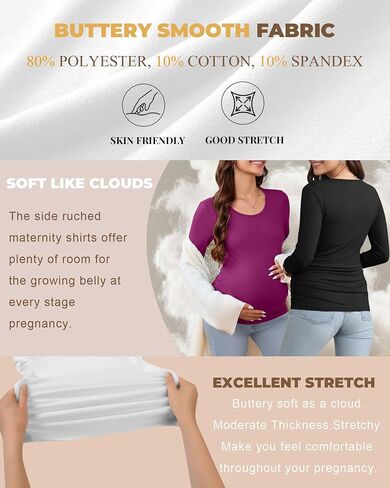 Huukaey 4 Pack Tomernity Thirts Thirts ، Side Side Longed Ruched Ruched Top Crew Neck Bodycon Dirtts Discal Mama in Saudi Arabia