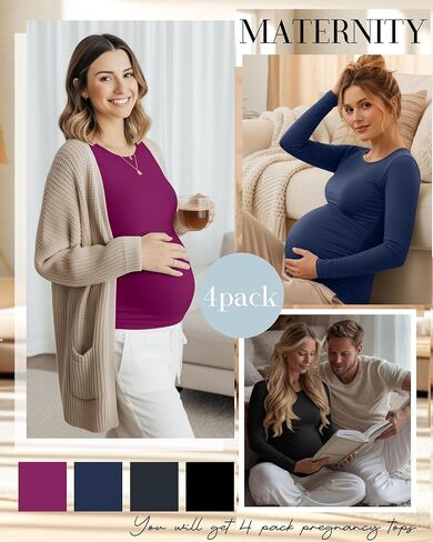 Huukaey 4 Pack Tomernity Thirts Thirts ، Side Side Longed Ruched Ruched Top Crew Neck Bodycon Dirtts Discal Mama in Saudi Arabia