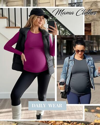Huukaey 4 Pack Tomernity Thirts Thirts ، Side Side Longed Ruched Ruched Top Crew Neck Bodycon Dirtts Discal Mama in Saudi Arabia