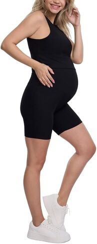 Motherhood Maternity Women's Ribbed Over The Belly Biker Shorts and Crop Racerback Workout Tank Top Pregnancy Set, Skipper Blue, Large in Kuwait