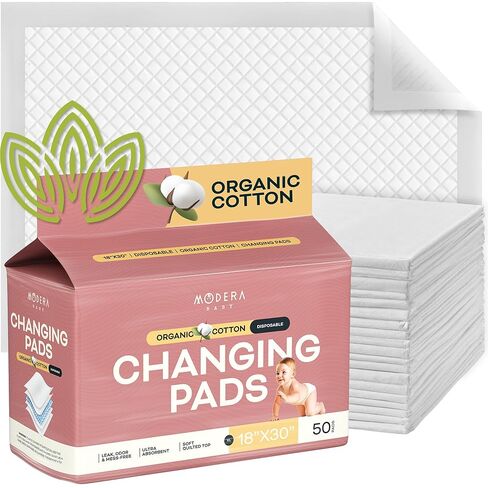 Organic Cotton Disposable Changing Pad Liners | Large 18x24 Hypoallergenic Ultra Absorbent & Waterproof Super Soft, Quilted Underpads for Baby Diaper Table & Travel, Leak Proof & Mess Free [50-Pack] in Kuwait