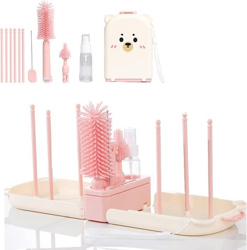 6 In1 Baby Bottle Brush Kit ، منظف فرشاة زجاجة سيليكون محمول مع فرشاة قش ، فرشاة الحلمة ، رف التجفيف ، موزع الصابون ، كيس تخزين للسفر أو المنزل (وردي) in Kuwait