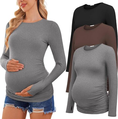 Ekouaer Womens 3 حزمة طويلة الأكمام قمصان الأمومة طاقم الرقبة الحمل الجانب Ruched Tops Tops T-Shirt S-XXL in Kuwait