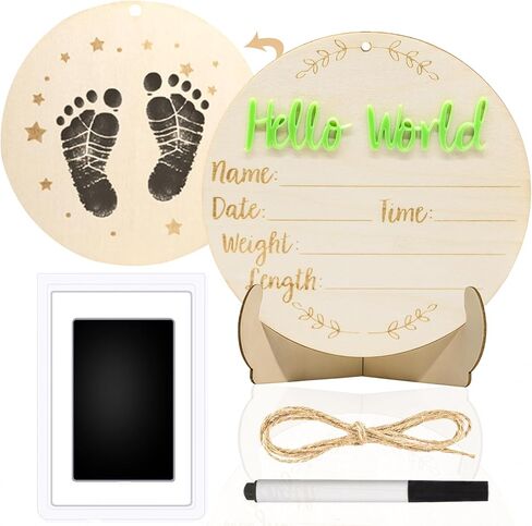 علامة إعلان الطفل ، علامات Wooden Hello World World Round 5.9 بوصة ، وعلامة إعلان الولادة: مزودة بوسادة الحبر ، يمكن للأقدام على أقدام لدعم المستشفى هدية حضانة المستشفى in Kuwait