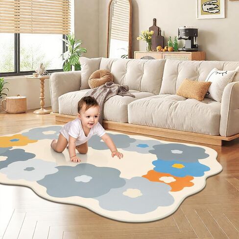Floral Cute Rug 3x5 Irregular Scalloped Rug Beige Flower Shaped Indoor Mat Bedroom Floor Carpet Non Slip Washable Area Rug for Kids Room Playroom Living Room Entryway in Kuwait