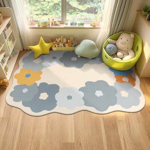 Floral Cute Rug 3x5 Irregular Scalloped Rug Beige Flower Shaped Indoor Mat Bedroom Floor Carpet Non Slip Washable Area Rug for Kids Room Playroom Living Room Entryway in Kuwait