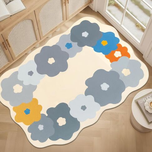 Floral Cute Rug 3x5 Irregular Scalloped Rug Beige Flower Shaped Indoor Mat Bedroom Floor Carpet Non Slip Washable Area Rug for Kids Room Playroom Living Room Entryway in Kuwait