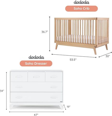 Dadada Soho مجموعة أثاث حضانة الأطفال. سرير الأطفال وخلصة مجموعة مجموعة. Soho 3 في 1 سرير قابل للتحويل ومطابقة 5 درج الملابس. الجوز بيتشوود in Saudi Arabia