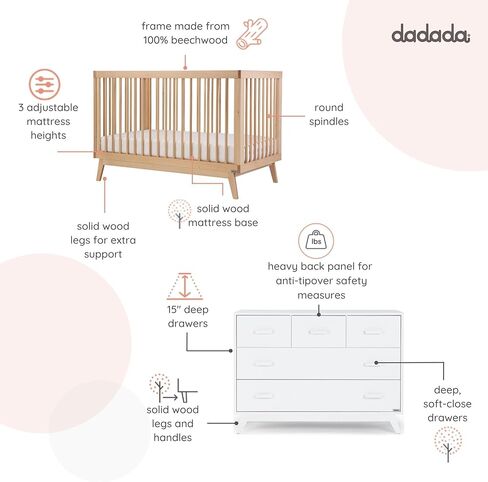 Dadada Soho مجموعة أثاث حضانة الأطفال. سرير الأطفال وخلصة مجموعة مجموعة. Soho 3 في 1 سرير قابل للتحويل ومطابقة 5 درج الملابس. الجوز بيتشوود in Saudi Arabia