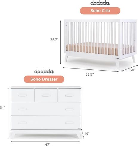 dadada Soho Baby Nursery Furniture Set. Baby Crib and Dresser Set Combo. Soho 3 in 1 Convertible Crib and Matching 5 Drawer Dresser. Walnut Beechwood in Kuwait
