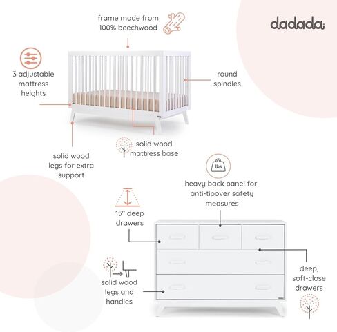 dadada Soho Baby Nursery Furniture Set. Baby Crib and Dresser Set Combo. Soho 3 in 1 Convertible Crib and Matching 5 Drawer Dresser. Walnut Beechwood in Kuwait