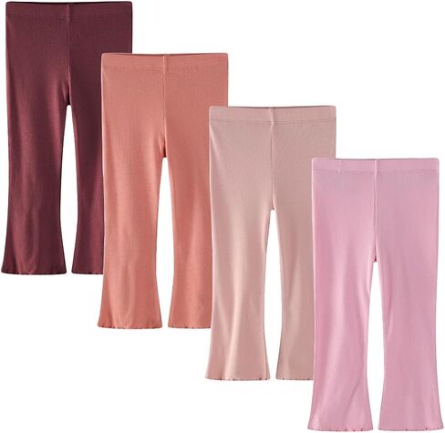 Baby Toddler Girl Flare Pants 4 Pack Girls Ribbed Cotton Leggings | Soft & Stretch,Wide Leg,Comfy Elastic Waistband,Pull-On Style,Solid Color,Ruffle Bell Bottom Pants,Casual Fall Winter Clothes in Kuwait