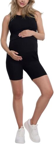 Motherhood Maternity Women's Ribbed Over The Belly Biker Shorts and Crop Racerback Workout Tank Top Pregnancy Set, Navy Blazer, Large in Saudi Arabia