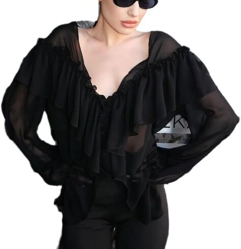 Women Long Sleeve Flowy Ruffle Tops Sheer Mesh Layered Frill Top Sexy See Through Lantern Sleeve Ruffle Shirt Blouse in Saudi Arabia