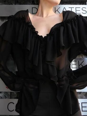 Women Long Sleeve Flowy Ruffle Tops Sheer Mesh Layered Frill Top Sexy See Through Lantern Sleeve Ruffle Shirt Blouse in Saudi Arabia