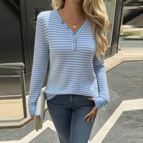 Womens Long Sleeve Ribbed Knit Tops Striped Sweater Button V Neck Dressy Ladies Shirts Business Casual Blouses in Kuwait