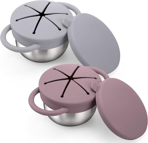 BUSOHA 2 Pack Stainless Steel Toddler Snack Cups - 9 OZ Spill-Proof Baby Snack Containers with Silicone Catcher and Lid Travel Snack Containers for Kids Food Grade Silicone Dishwasher Safe in Kuwait