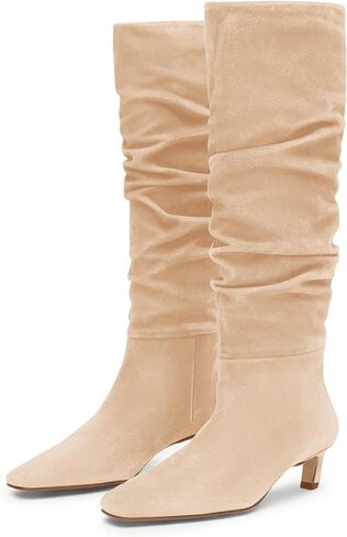 Coutgo Womens Rlucky Knee High Boots Low Hister Heel Square Toe Tall Boots Fall Winter Shoes in Saudi Arabia