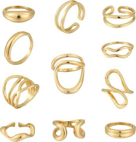 FAXHION 12PCS Gold Stackable Rings Set for Women, 18K Gold Plated Open Stacking Knuckle Ring, Adjustable Chunky Signet Rings for Gift in Kuwait