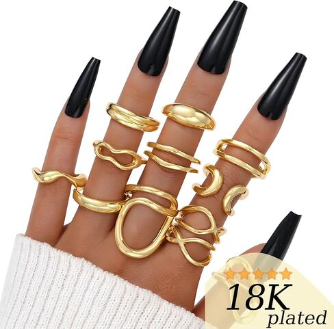 FAXHION 12PCS Gold Stackable Rings Set for Women, 18K Gold Plated Open Stacking Knuckle Ring, Adjustable Chunky Signet Rings for Gift in Kuwait