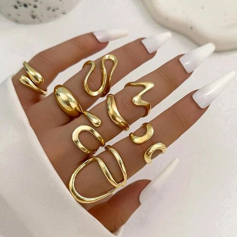 FAXHION 12PCS Gold Stackable Rings Set for Women, 18K Gold Plated Open Stacking Knuckle Ring, Adjustable Chunky Signet Rings for Gift in Kuwait