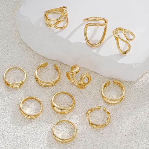 FAXHION 12PCS Gold Stackable Rings Set for Women, 18K Gold Plated Open Stacking Knuckle Ring, Adjustable Chunky Signet Rings for Gift in Kuwait