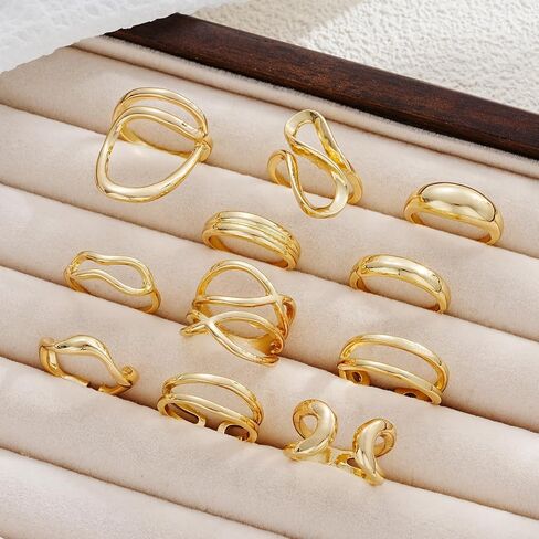FAXHION 12PCS Gold Stackable Rings Set for Women, 18K Gold Plated Open Stacking Knuckle Ring, Adjustable Chunky Signet Rings for Gift in Kuwait