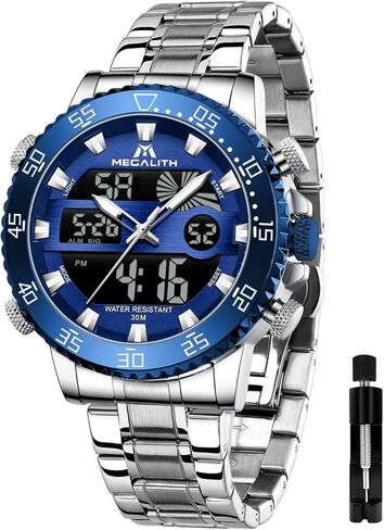 MEGALITH Mens Watch Digital Waterproof Stainless Steel Big Face LED Analog Multifunctional Outdoor Sports Watch, Men's Wrist Watches with Dual Time Backlight Display Alarm Stopwatch in Saudi Arabia