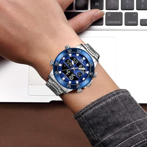 MEGALITH Mens Watch Digital Waterproof Stainless Steel Big Face LED Analog Multifunctional Outdoor Sports Watch, Men's Wrist Watches with Dual Time Backlight Display Alarm Stopwatch in Saudi Arabia