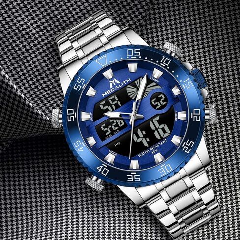 MEGALITH Mens Watch Digital Waterproof Stainless Steel Big Face LED Analog Multifunctional Outdoor Sports Watch, Men's Wrist Watches with Dual Time Backlight Display Alarm Stopwatch in Saudi Arabia