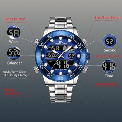 MEGALITH Mens Watch Digital Waterproof Stainless Steel Big Face LED Analog Multifunctional Outdoor Sports Watch, Men's Wrist Watches with Dual Time Backlight Display Alarm Stopwatch in Saudi Arabia