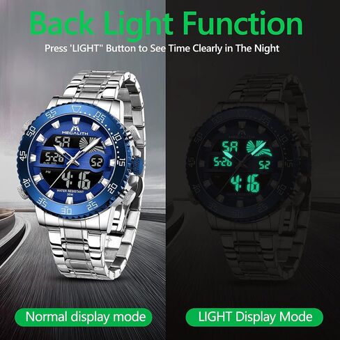 MEGALITH Mens Watch Digital Waterproof Stainless Steel Big Face LED Analog Multifunctional Outdoor Sports Watch, Men's Wrist Watches with Dual Time Backlight Display Alarm Stopwatch in Saudi Arabia