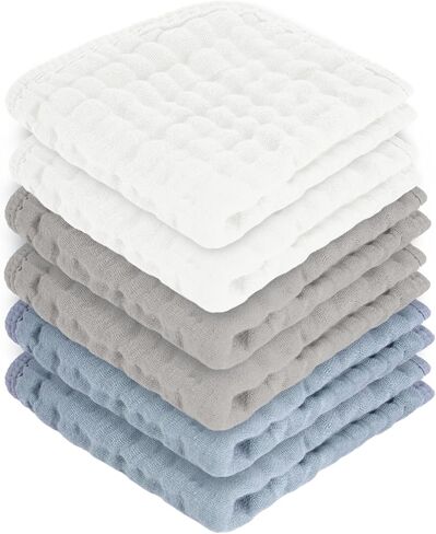 Baby Washcloths 100% Cotton Size is 12x12 inches. Lightweight, Portable, and Ideal for use at Home or on The go.(White & Coffee 6 Pieces) in Kuwait