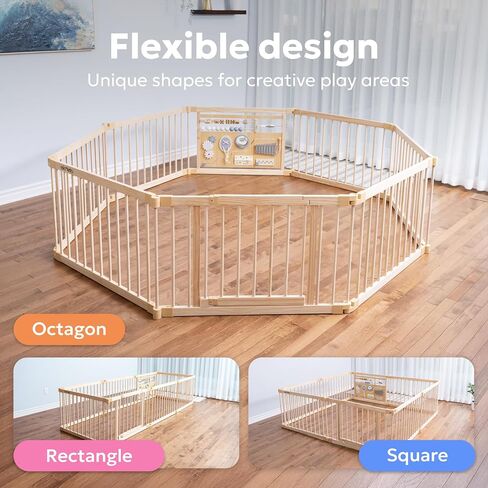 Miotetto Baby Playpen, Wooden Playpen for Babies and Toddlers, Foldable Fence with Montessori Activity Panel, Storage Basket & Gate, Portable, Easy to Assemble Baby Play Pen Natural Wood Playyard in Kuwait