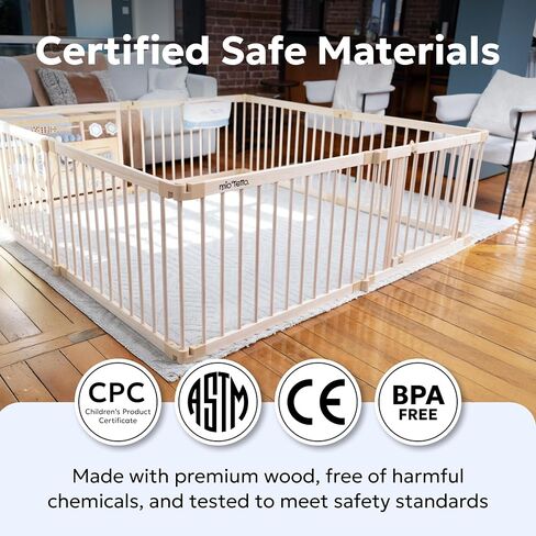 Miotetto Baby Playpen, Wooden Playpen for Babies and Toddlers, Foldable Fence with Montessori Activity Panel, Storage Basket & Gate, Portable, Easy to Assemble Baby Play Pen Natural Wood Playyard in Kuwait