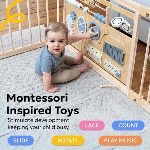 Miotetto Baby Playpen, Wooden Playpen for Babies and Toddlers, Foldable Fence with Montessori Activity Panel, Storage Basket & Gate, Portable, Easy to Assemble Baby Play Pen Natural Wood Playyard in Kuwait