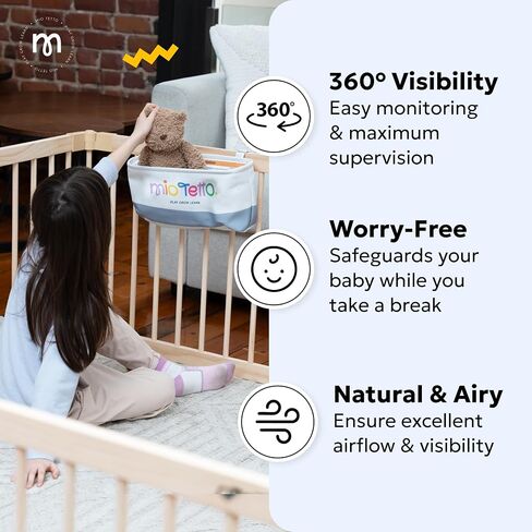 Miotetto Baby Playpen, Wooden Playpen for Babies and Toddlers, Foldable Fence with Montessori Activity Panel, Storage Basket & Gate, Portable, Easy to Assemble Baby Play Pen Natural Wood Playyard in Kuwait