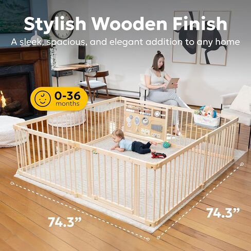 Miotetto Baby Playpen, Wooden Playpen for Babies and Toddlers, Foldable Fence with Montessori Activity Panel, Storage Basket & Gate, Portable, Easy to Assemble Baby Play Pen Natural Wood Playyard in Kuwait