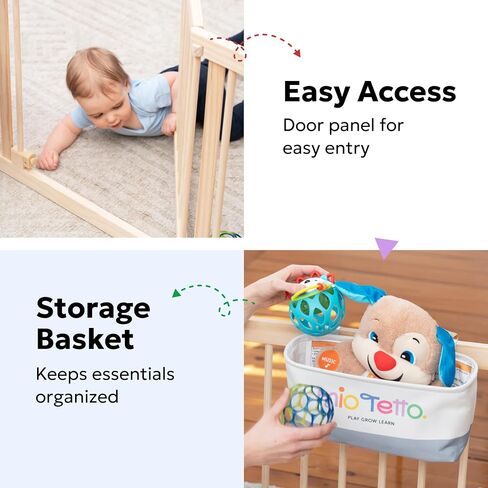 Miotetto Baby Playpen, Wooden Playpen for Babies and Toddlers, Foldable Fence with Montessori Activity Panel, Storage Basket & Gate, Portable, Easy to Assemble Baby Play Pen Natural Wood Playyard in Kuwait