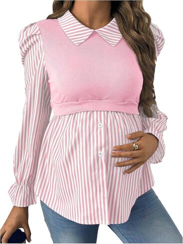 Oyoangle Women Women's Printed Print Collared Collared Long Sleeve Button Down 2 في قمم قميص التمريض بلوزات in Kuwait