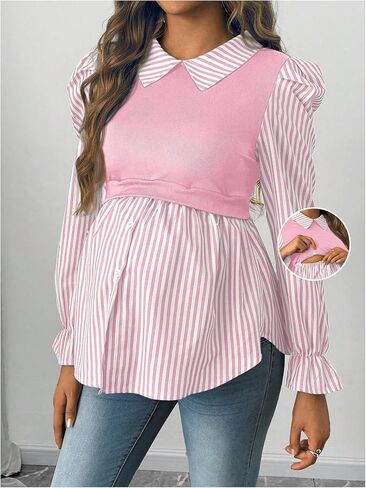Oyoangle Women Women's Printed Print Collared Collared Long Sleeve Button Down 2 في قمم قميص التمريض بلوزات in Kuwait