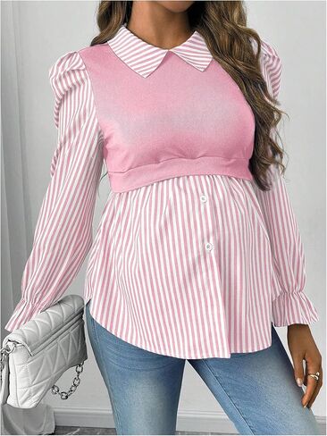 Oyoangle Women Women's Printed Print Collared Collared Long Sleeve Button Down 2 في قمم قميص التمريض بلوزات in Kuwait