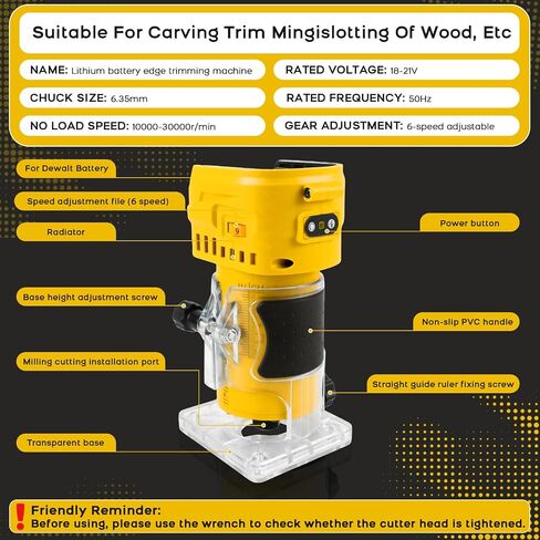 Cordless Router Compatible With Milwaukee M18 Battery, 6-Speed, 30,000 RPM, 850W Brushless Handheld Palm Routers Woodworking Hand Edge Trimmer with 15 PCS 1/4" Router Bits Set (No Battery) in Kuwait