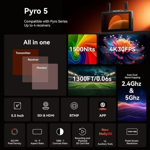 Hollyland Pyro 5 Wireless Video Transmitter & Receiver & 5.5 inch Camera Field Monitor HDMI & SDI 1300ft Range, 60ms Latency Auto Dual-Band Hopping with Waveform, LUTs, Recording, Vector Scope in Kuwait