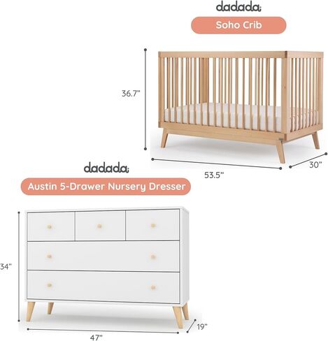 dadada Baby Nursery Furniture Set. Baby Crib and Dresser Set Combo. Soho 3 in 1 Convertible Crib and Austin 5 Drawer Nursery Dresser. White & Natural Beechwood in Kuwait